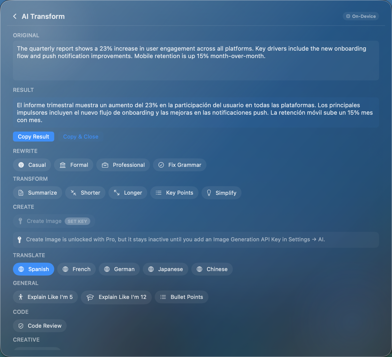 Spanish translation result
