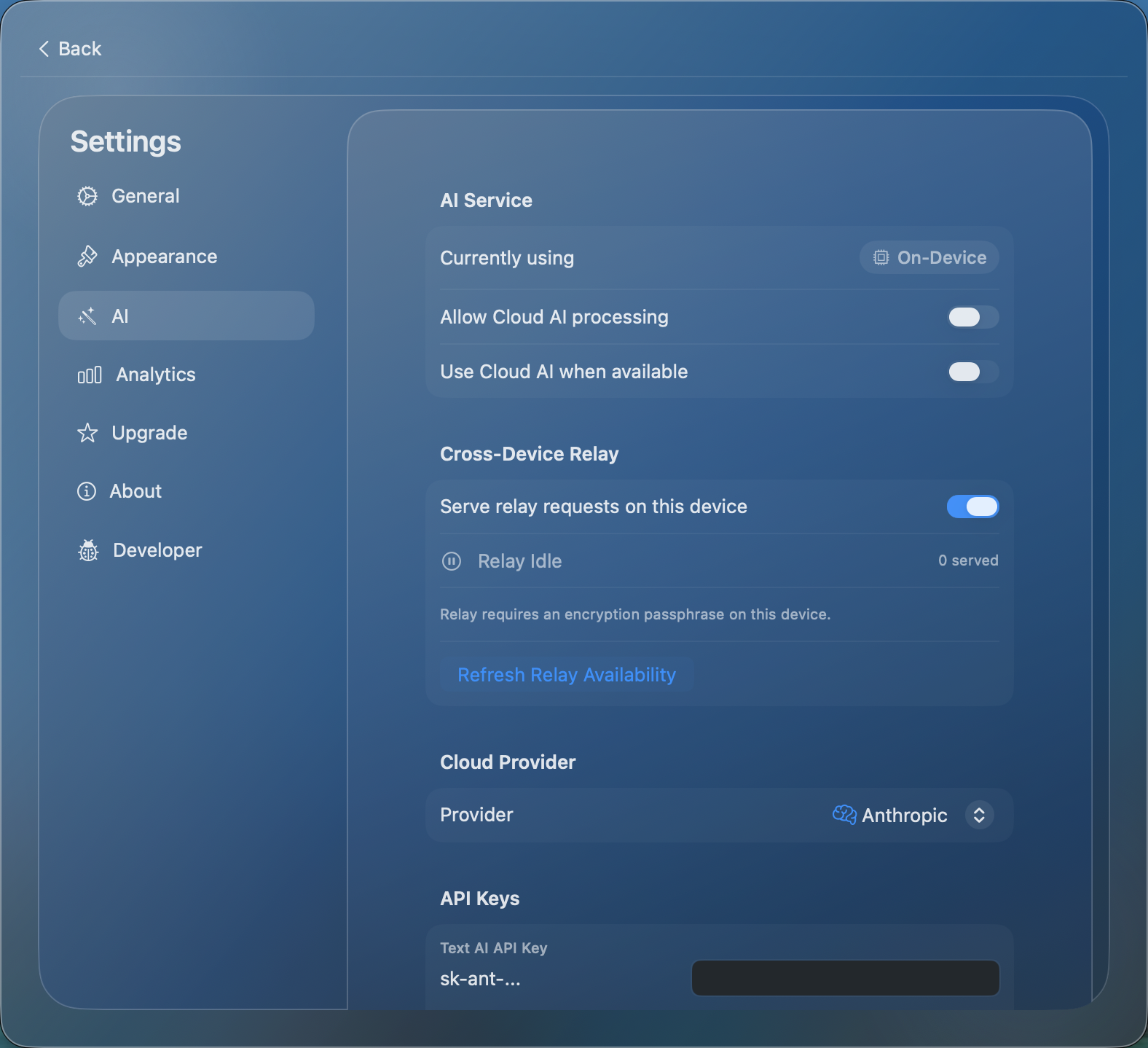 AI settings overview