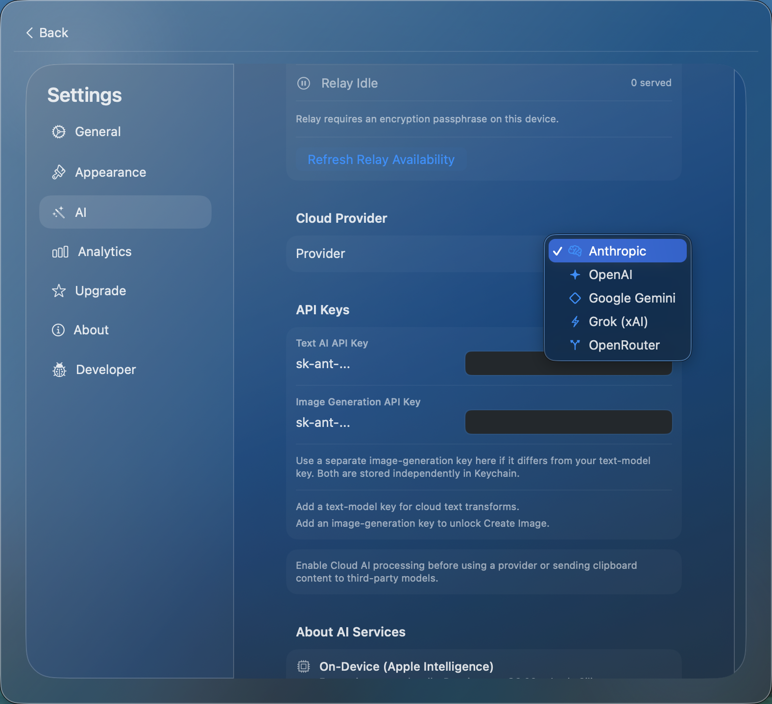 Provider dropdown