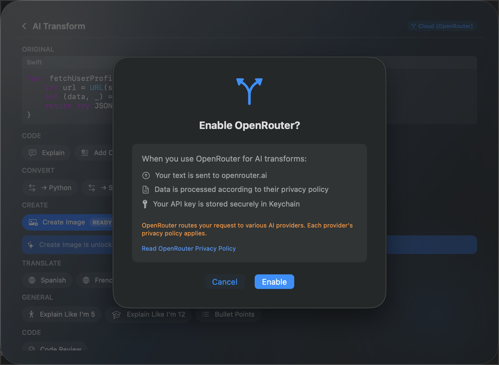 Provider consent dialog