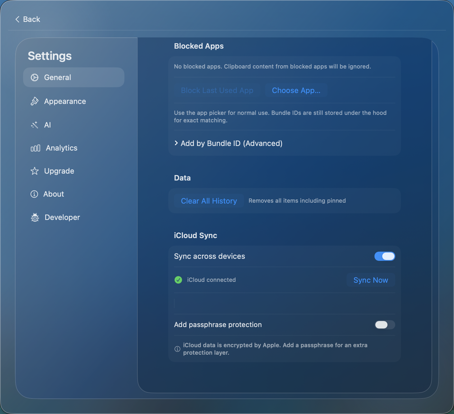 iCloud Sync settings