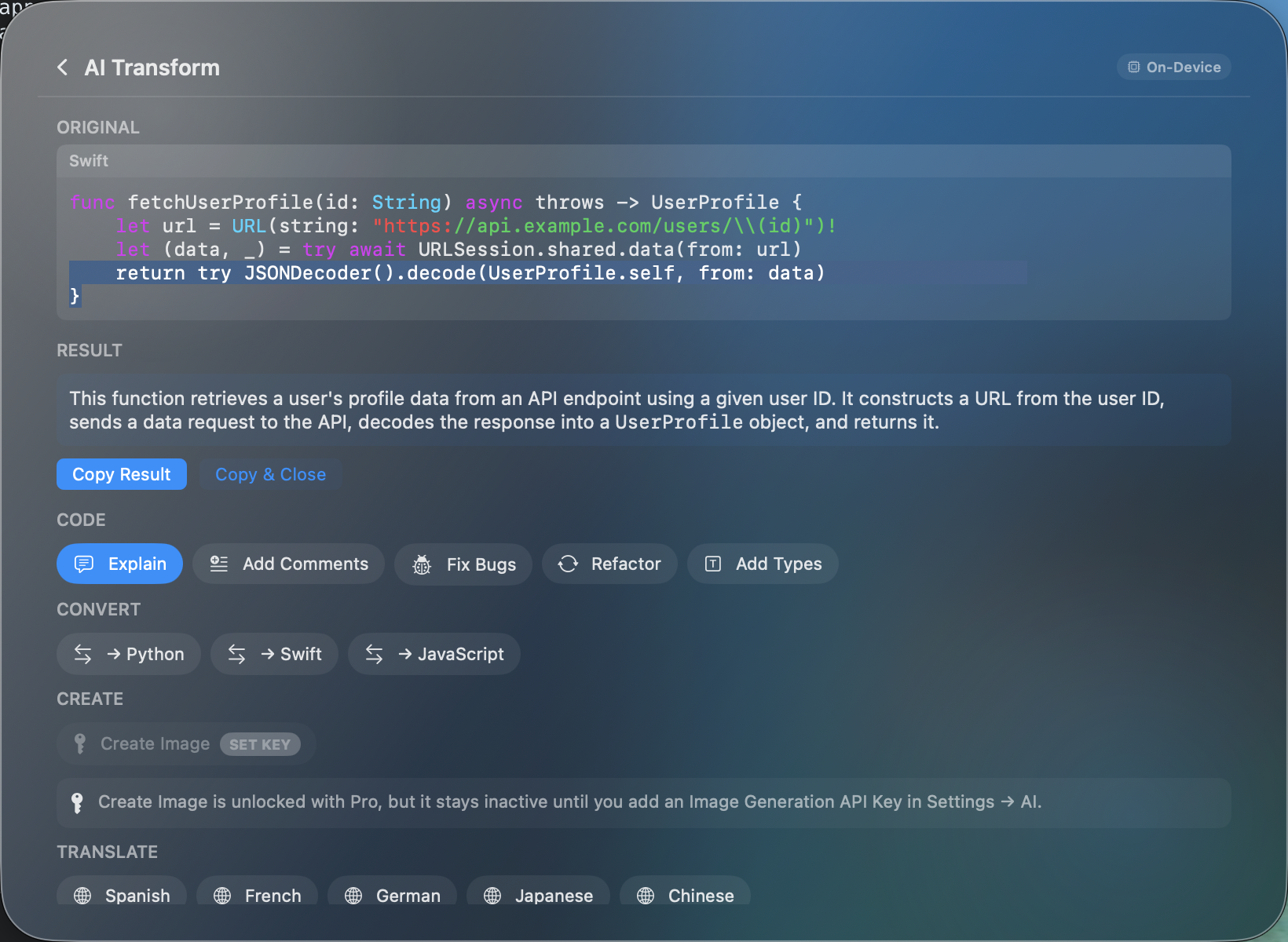 AI Explain result showing code explanation