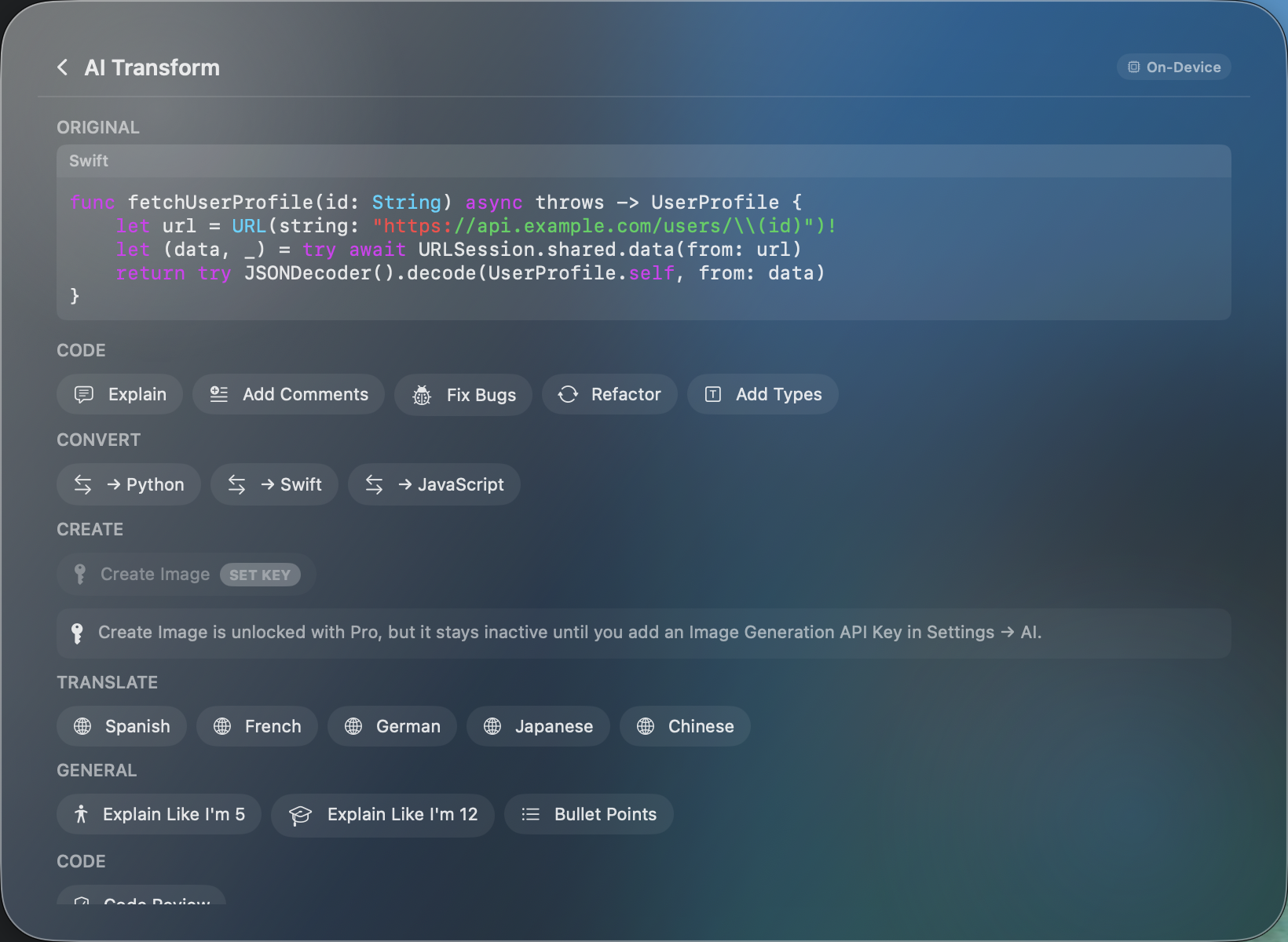 AI Transform picker showing Code, Convert, Translate, and General categories